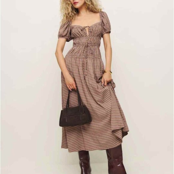 NEW Reformation Rhett Midi Dress Sz4 Audrie Check Cotton Blend French - Picture 2 of 9